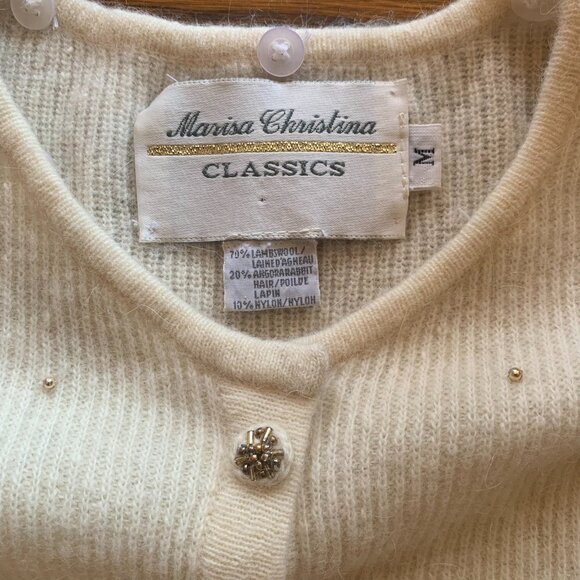 VTG Cardigan Sz M Ivory Lambs Wool Angora Blend Beaded Comfy Cozy Grandmacore - Picture 4 of 5